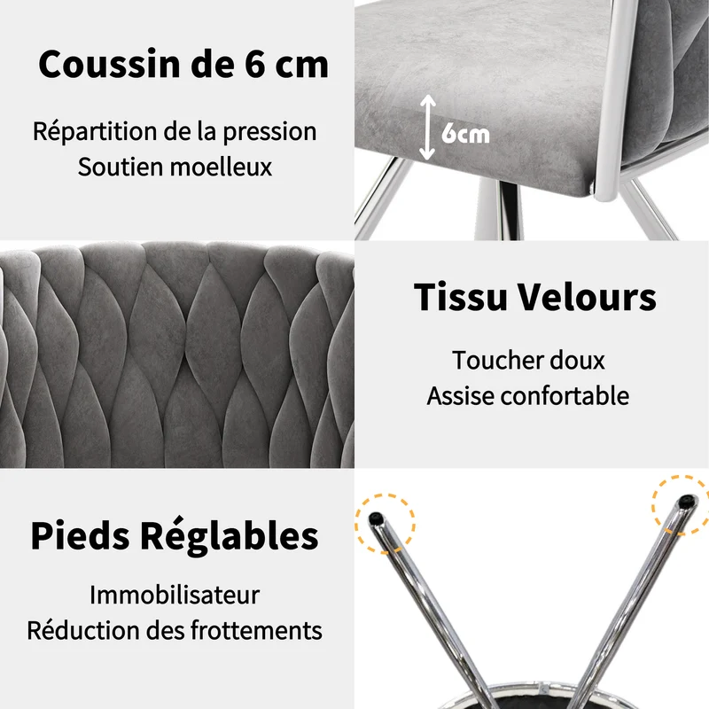 Lot de 4 chaises de salle à manger pivotantes en velours gris avec pieds en métal argenté