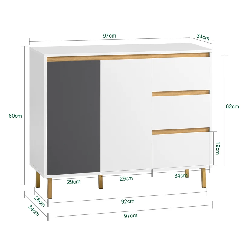 SoBuy FSB69-W Buffet Armoire Multi-Rangement Meuble de Rangement sur Pieds avec 2 Portes 3 Tiroirs