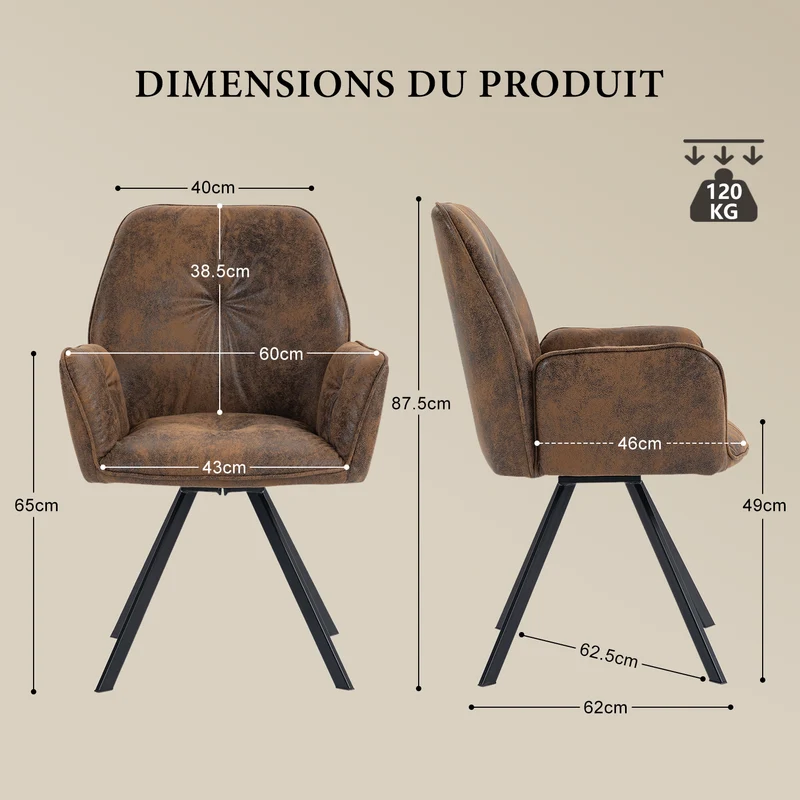 Lot de 4 chaises de salle à manger confortables en suédine avec accoudoirs - CALF SUEDE BROWN 4PCS