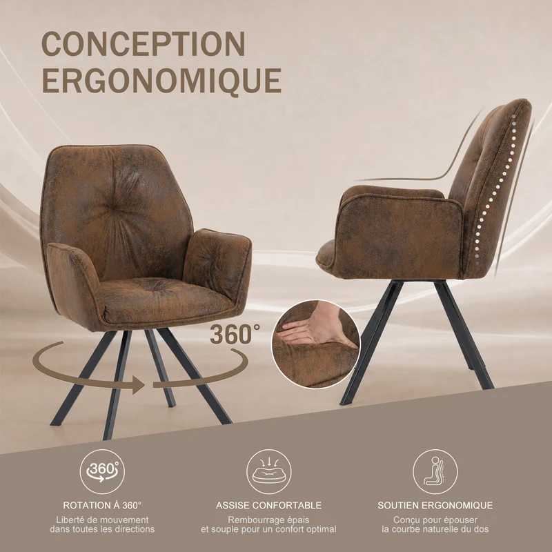 Lot de 4 chaises de salle à manger confortables en suédine avec accoudoirs - CALF SUEDE BROWN 4PCS