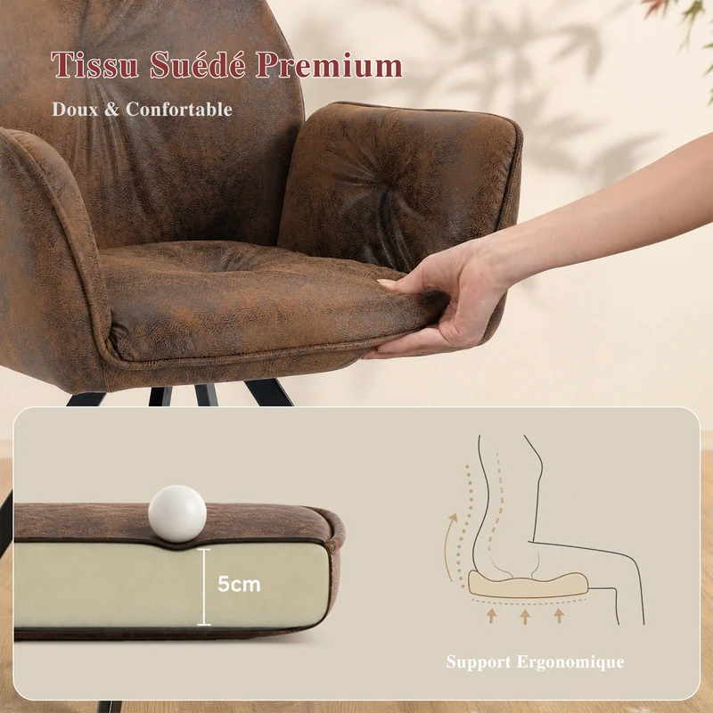 Lot de 4 chaises de salle à manger confortables en suédine avec accoudoirs - CALF SUEDE BROWN 4PCS