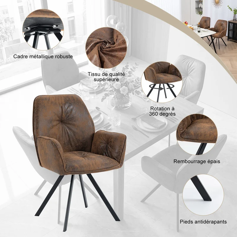 Lot de 4 chaises de salle à manger confortables en suédine avec accoudoirs - CALF SUEDE BROWN 4PCS