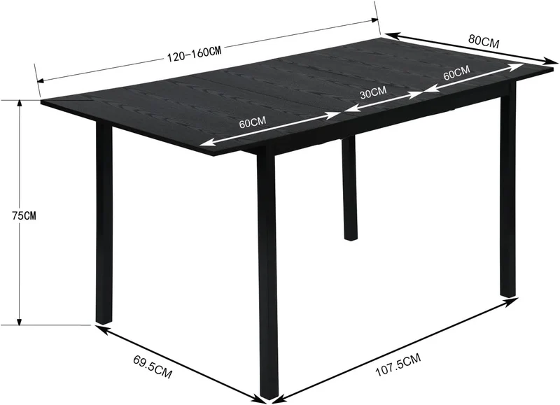 Table de salle à manger extensible industrielle pour 4 à 6 personnes en bois MDF noir - BARI