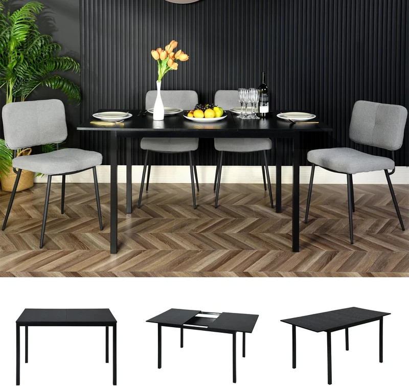 Table de salle à manger extensible industrielle pour 4 à 6 personnes en bois MDF noir - BARI