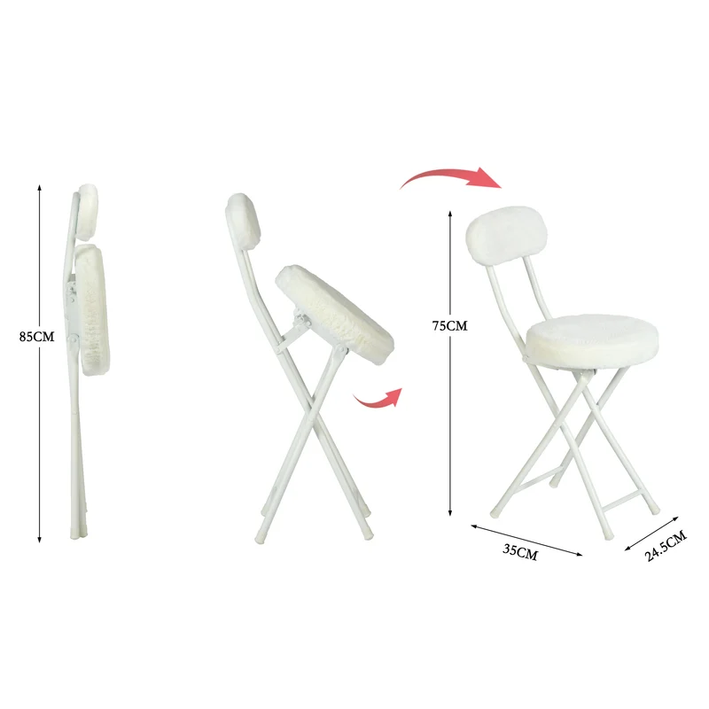 Lot de 4 chaises/tabourets pliantes, assise ronde en tissu effet fausse fourrure blanche - ERNST
