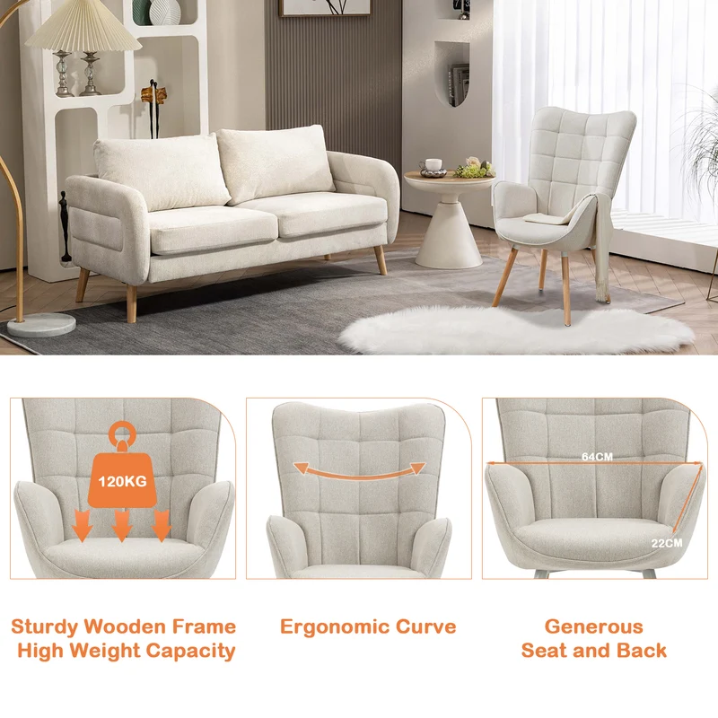 Fauteuil scandinave avec accoudoirs en tissu beige à surpiqûres - FUNKEL