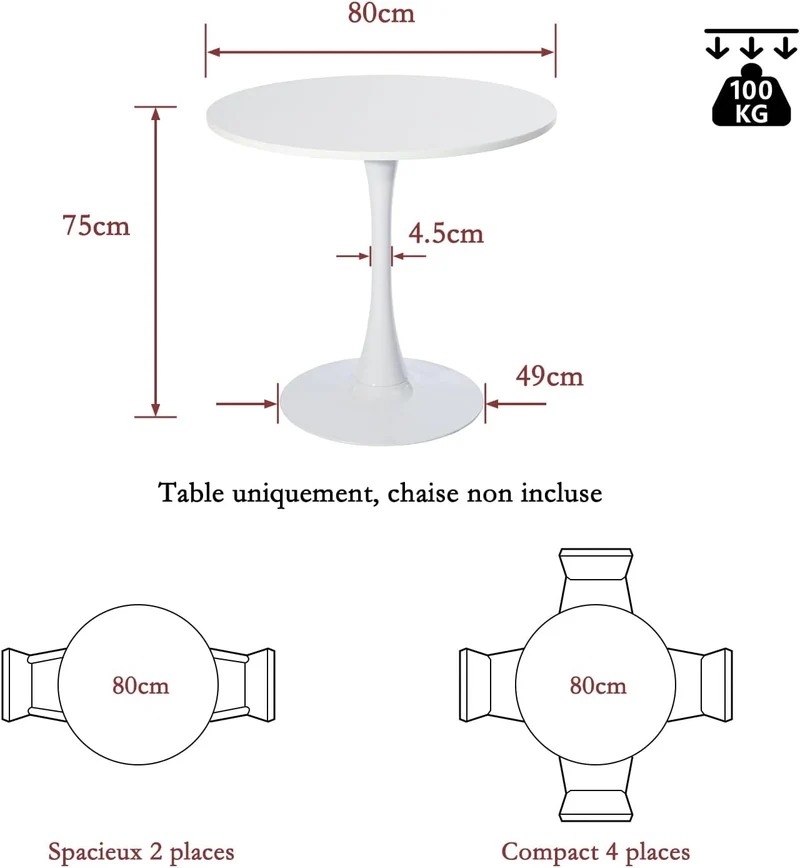 Table salle à manger ronde scandinave 2-4 personnes en bois et métal blanc - CLIFT