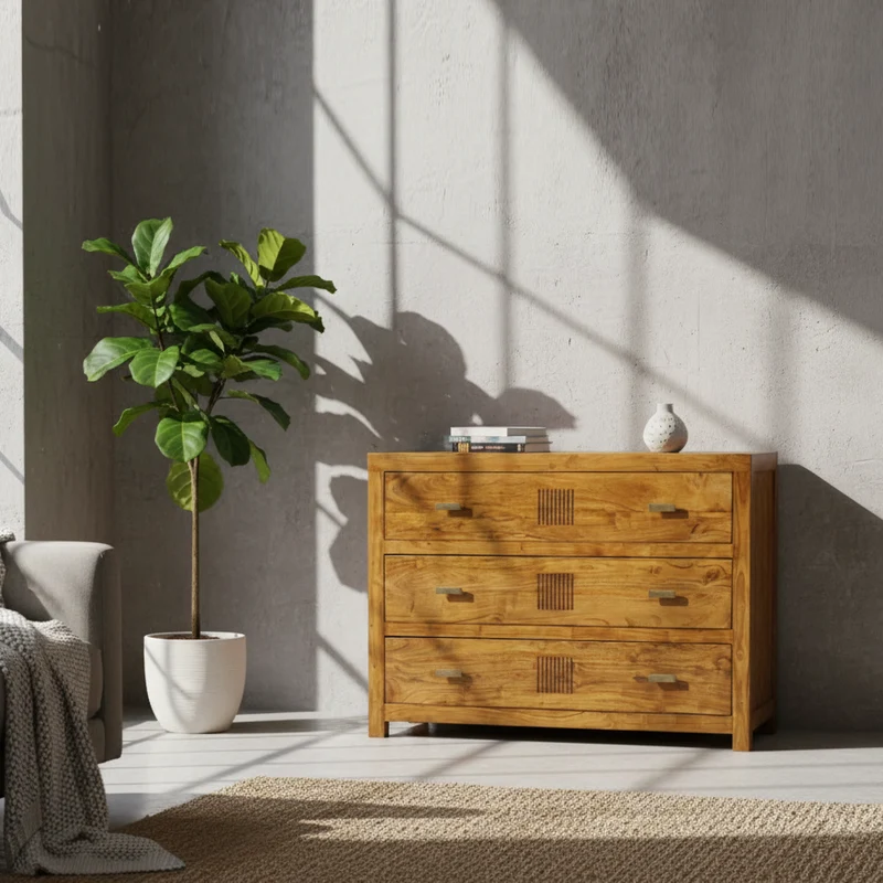 Commode bois massif strié | Acacia Ramani