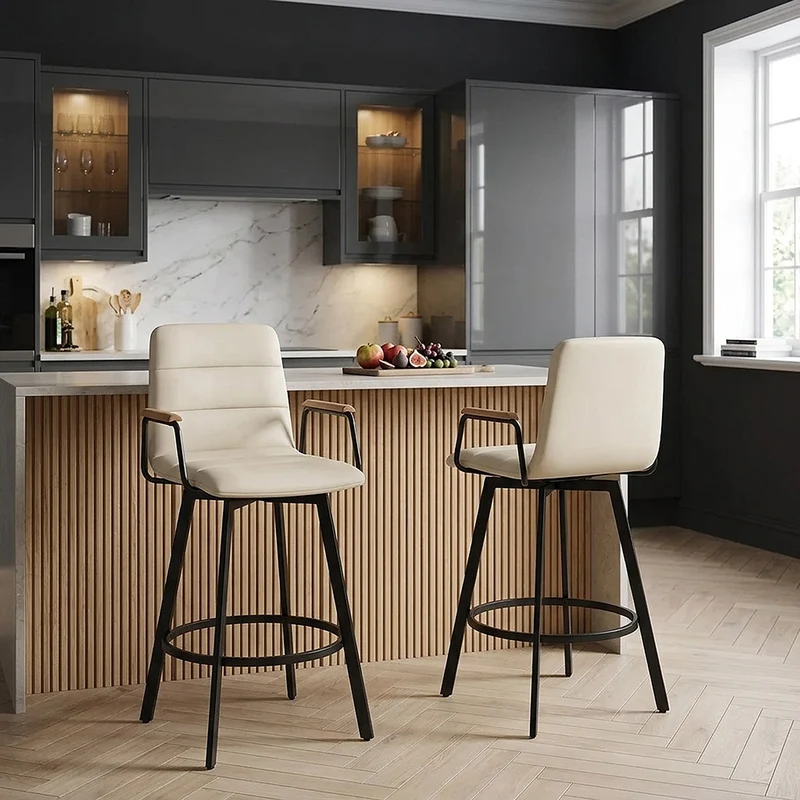 Tabouret Faux Cuir Chene - Marco Crème