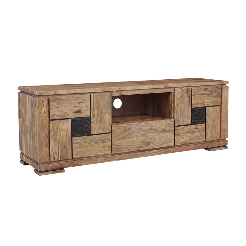 Meuble TV bois sculpté bicolore 160 2P 1T | Acacia Maya
