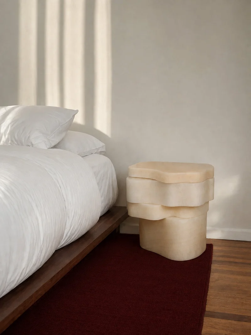 White Moth Nightstand / Side Table in White Onyx Marble