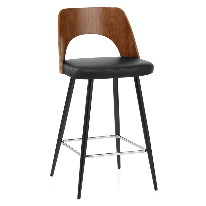 Tabouret Noyer et Faux Cuir - Leo Noir