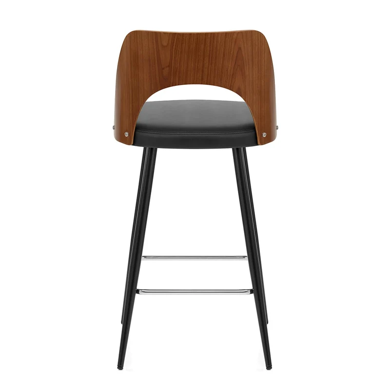 Tabouret Noyer et Faux Cuir - Leo Noir