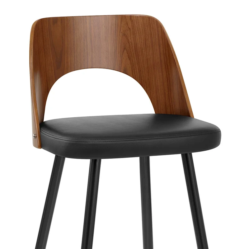 Tabouret Noyer et Faux Cuir - Leo Noir