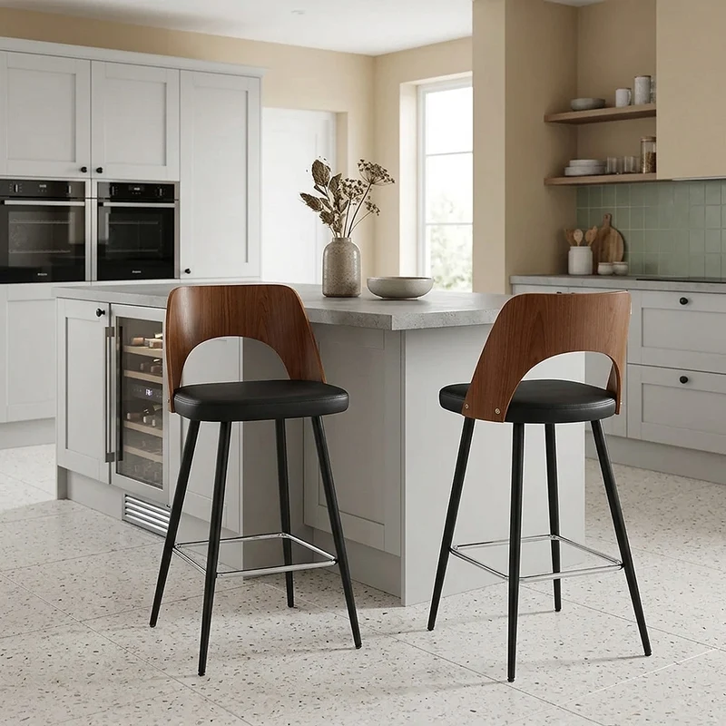 Tabouret Noyer et Faux Cuir - Leo Noir