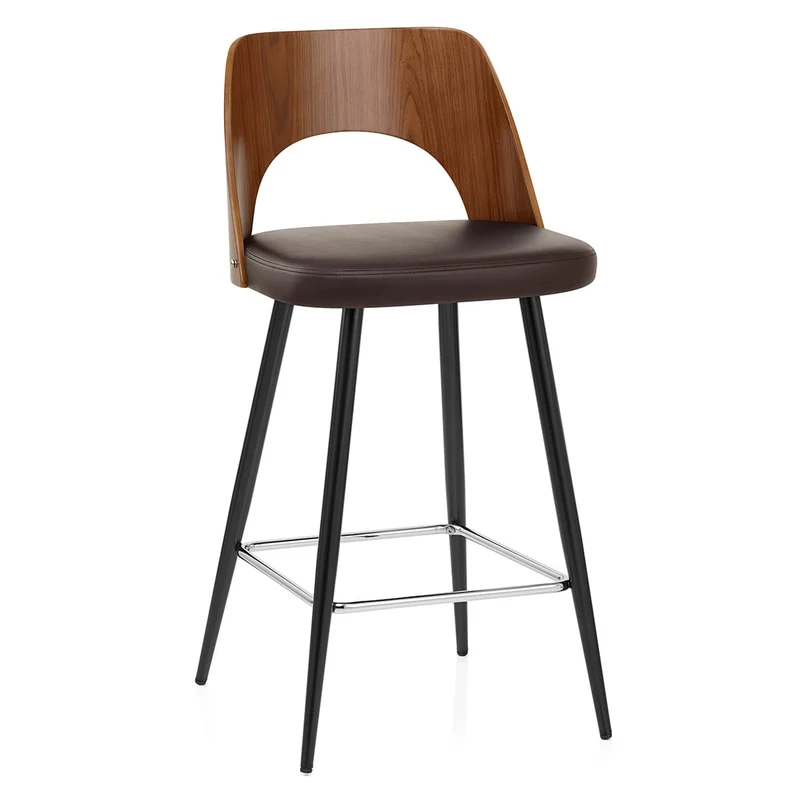Tabouret Noyer et Faux Cuir - Leo Marron