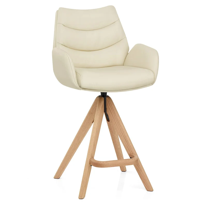 Chaise de Bar Bois Cuir Véritable - Madrid Crème