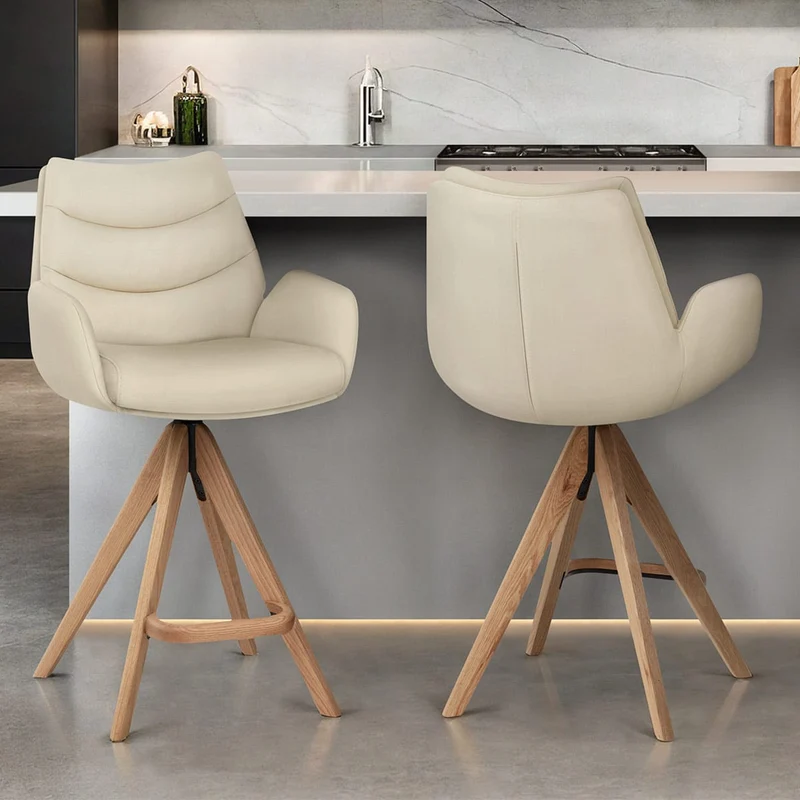 Chaise de Bar Bois Cuir Véritable - Madrid Crème