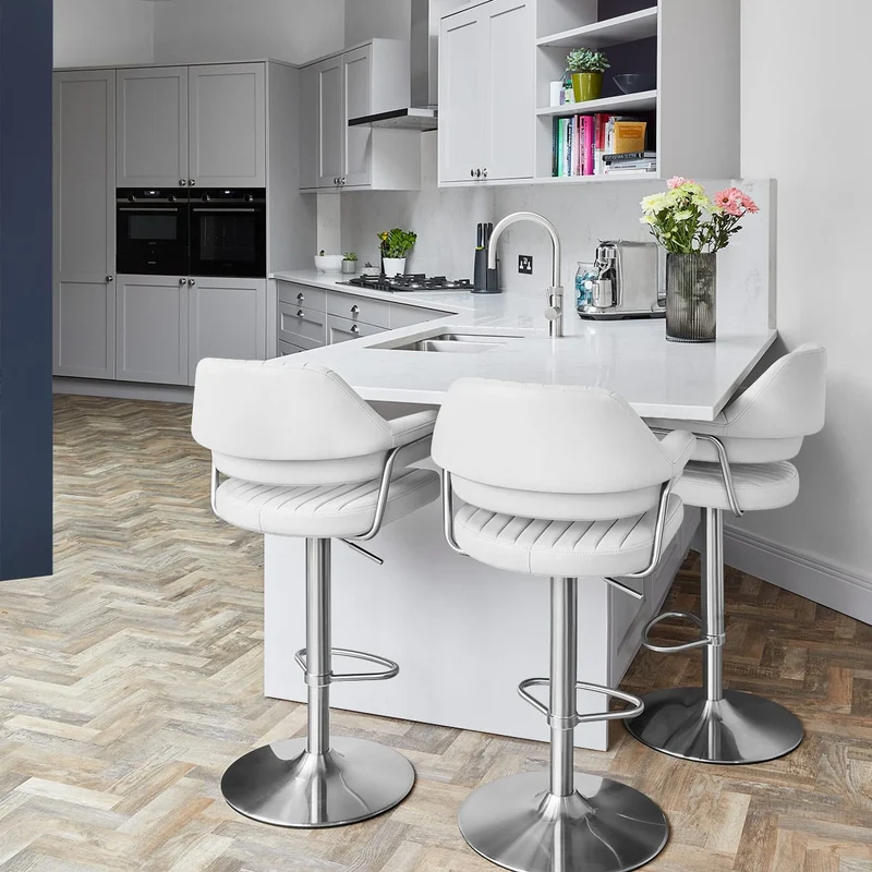 Chaise de Bar Chrome Brossé Faux Cuir - Skyline Blanc