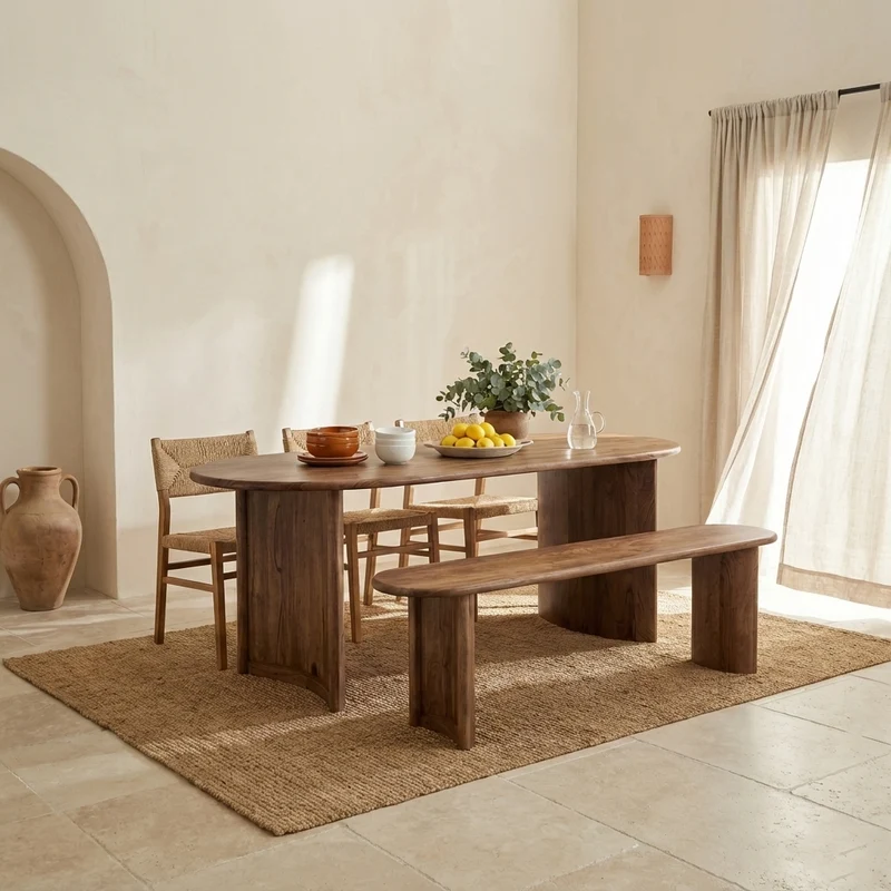 Table à manger bord arrondi miel en bois massif acacia - Ellipse