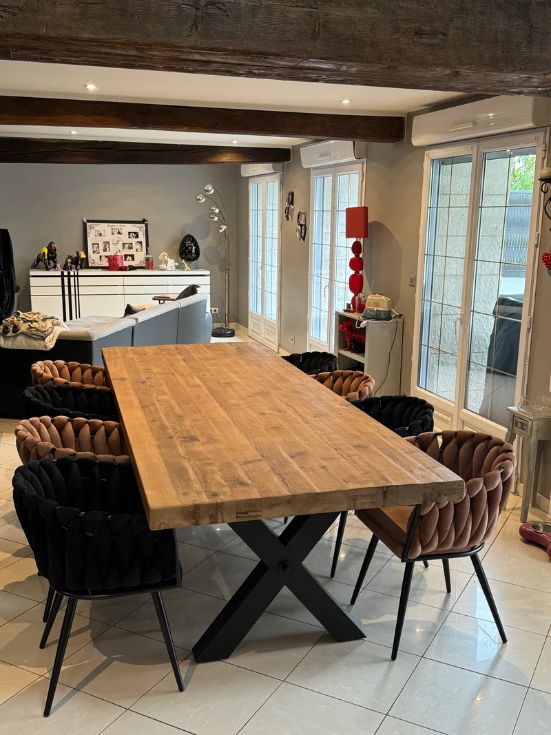 Grande Table en Bois Massif et Pieds X en Métal "RIETI" (300x110 cm)