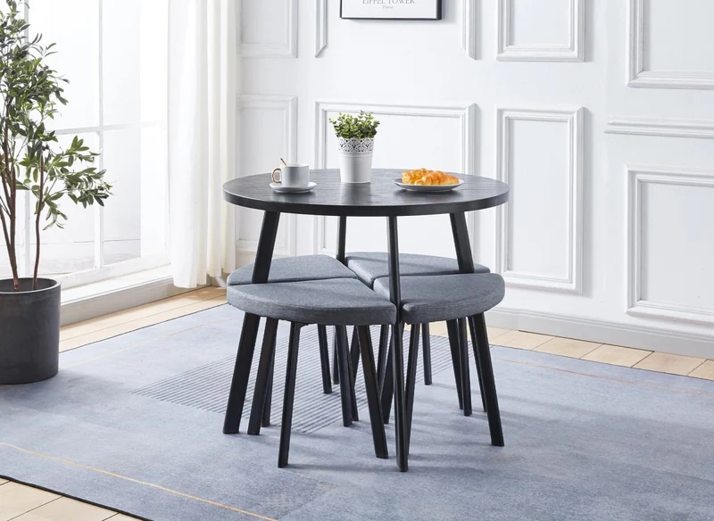 Ensemble table à manger en bois noir avec 4 tabourets gris IRINA
