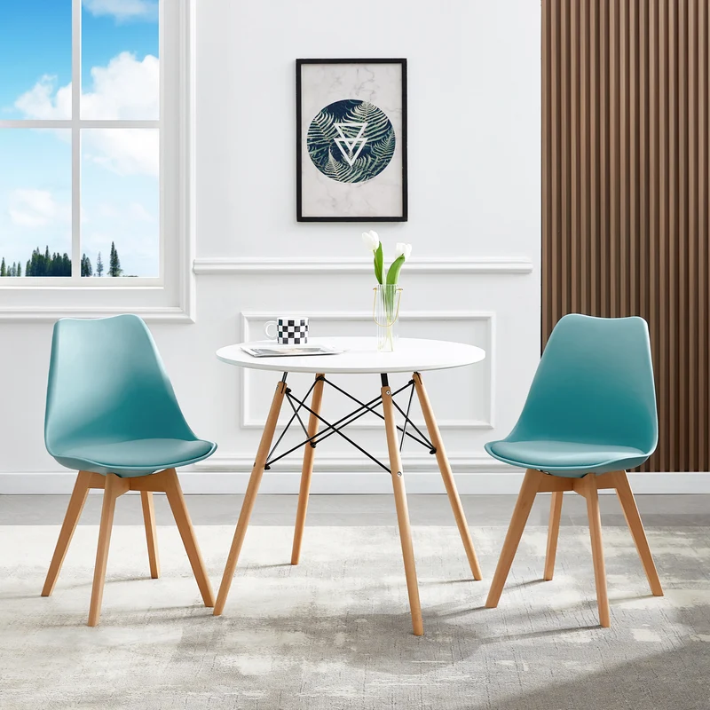 Chaise de Salle à Manger en PU avec Pieds en Bois de Frêne - Bleu Clair/ Vert Foncé-TULIP