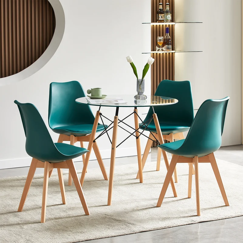 Chaise de Salle à Manger en PU avec Pieds en Bois de Frêne - Bleu Clair/ Vert Foncé-TULIP