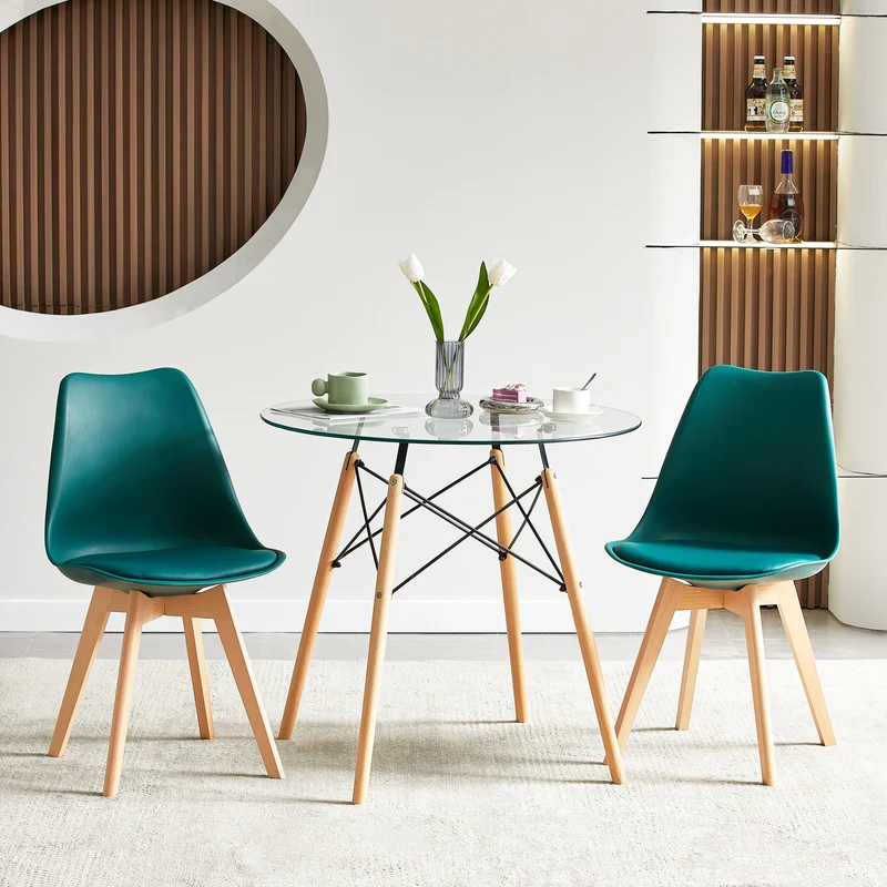 Chaise de Salle à Manger en PU avec Pieds en Bois de Frêne - Bleu Clair/ Vert Foncé-TULIP