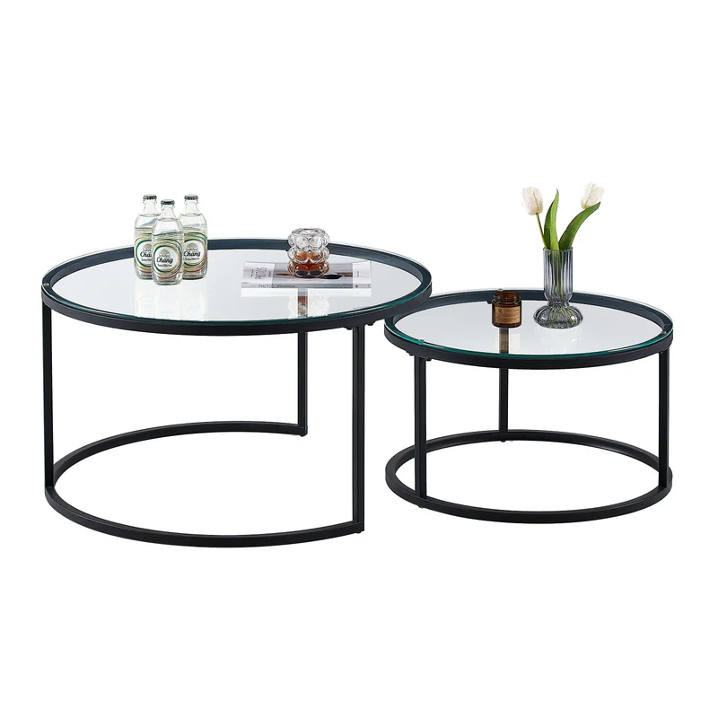 NAPLES Table Basse Ronde, Ensemble De 2, Cadre En Métal Robuste Et Verre Trempé (Doré Et Noir)