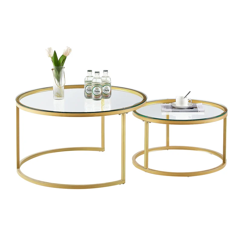 NAPLES Table Basse Ronde, Ensemble De 2, Cadre En Métal Robuste Et Verre Trempé (Doré Et Noir)