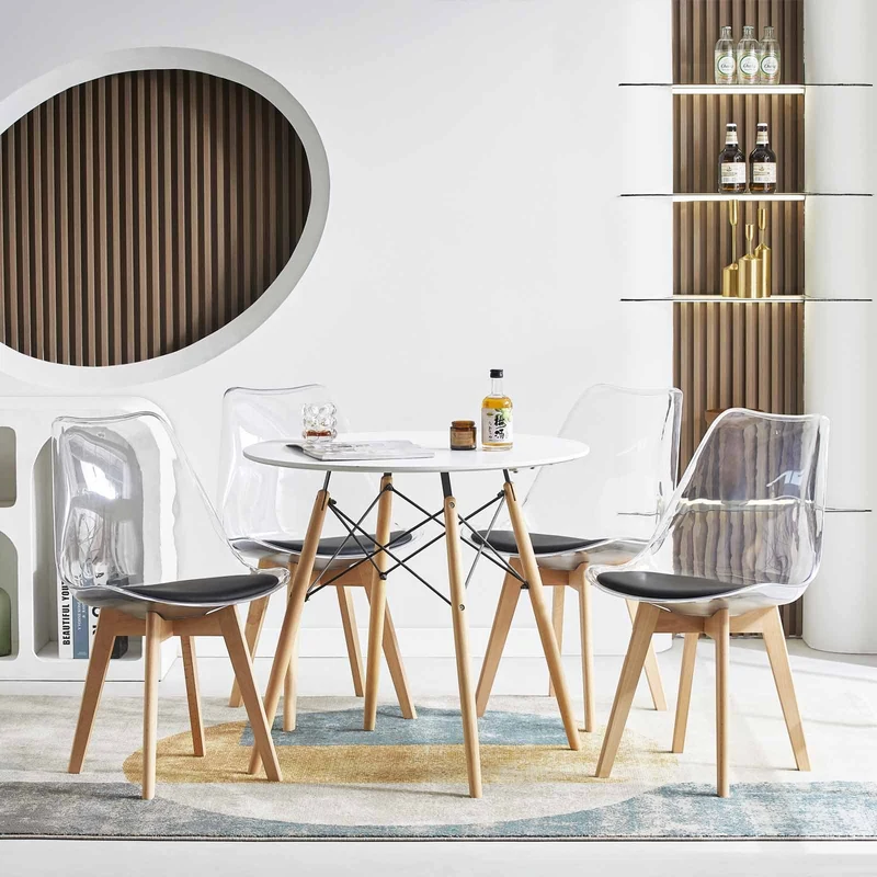 LUCCA Chaises de Salle à Manger Transparentes Coussin de Siège en Cuir PU et Pieds en Hêtre Massif - Noir/Blanc/Gris