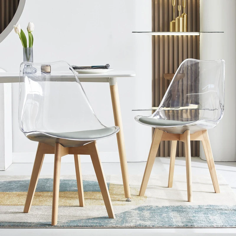 LUCCA Chaises de Salle à Manger Transparentes Coussin de Siège en Cuir PU et Pieds en Hêtre Massif - Noir/Blanc/Gris