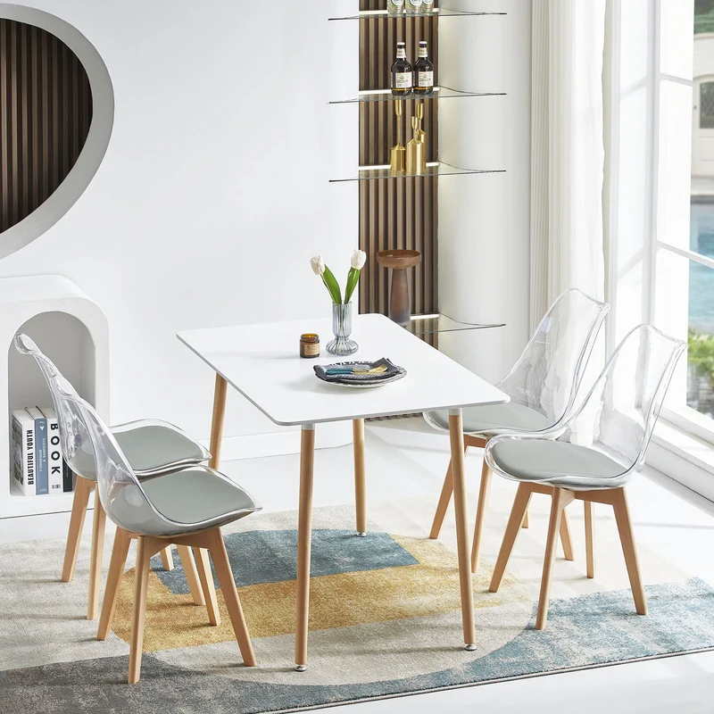 LUCCA Chaises de Salle à Manger Transparentes Coussin de Siège en Cuir PU et Pieds en Hêtre Massif - Noir/Blanc/Gris