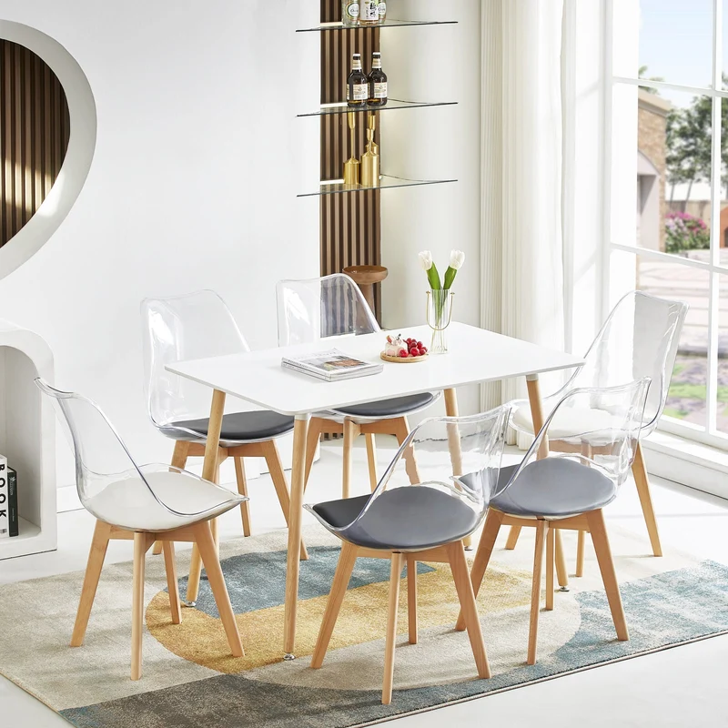 LUCCA Chaises de Salle à Manger Transparentes Coussin de Siège en Cuir PU et Pieds en Hêtre Massif - Noir/Blanc/Gris