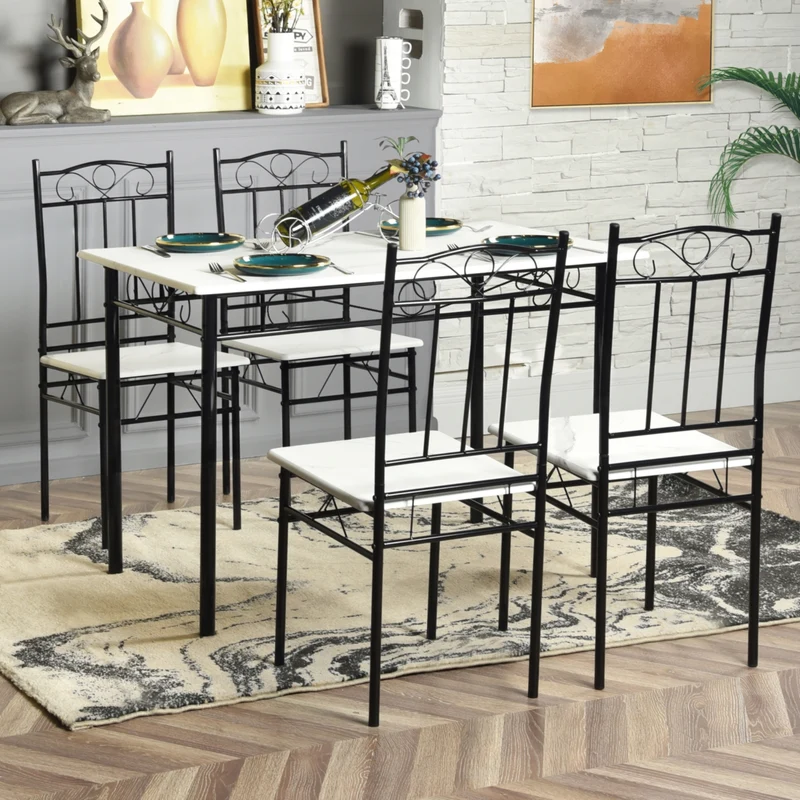 NORSEMAN Marbling Table à Manger 5 Pièces avec 4 Chaises - 109 * 69 * 75cm - Blanc/Noir/Brun clair