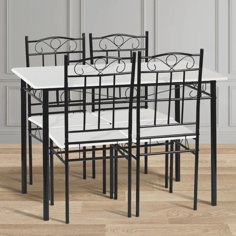 NORSEMAN Marbling Table à Manger 5 Pièces avec 4 Chaises - 109 * 69 * 75cm - Blanc/Noir/Brun clair