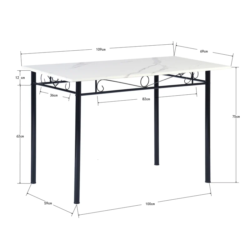 NORSEMAN Marbling Table à Manger 5 Pièces avec 4 Chaises - 109 * 69 * 75cm - Blanc/Noir/Brun clair