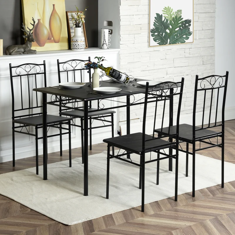 NORSEMAN Marbling Table à Manger 5 Pièces avec 4 Chaises - 109 * 69 * 75cm - Blanc/Noir/Brun clair