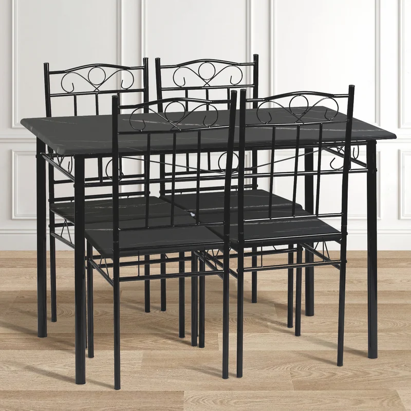 NORSEMAN Marbling Table à Manger 5 Pièces avec 4 Chaises - 109 * 69 * 75cm - Blanc/Noir/Brun clair