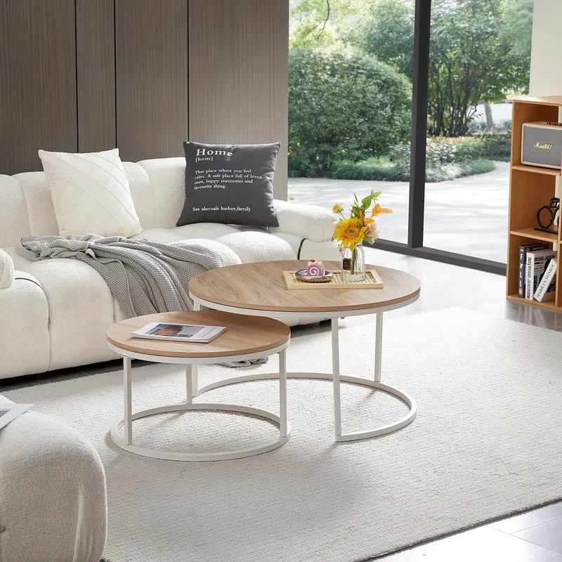 Table Basse en Chêne Clair Table de Salon 2 pcs Φ80 * 45cm / Φ60 * 35cm - Blanc-CARB
