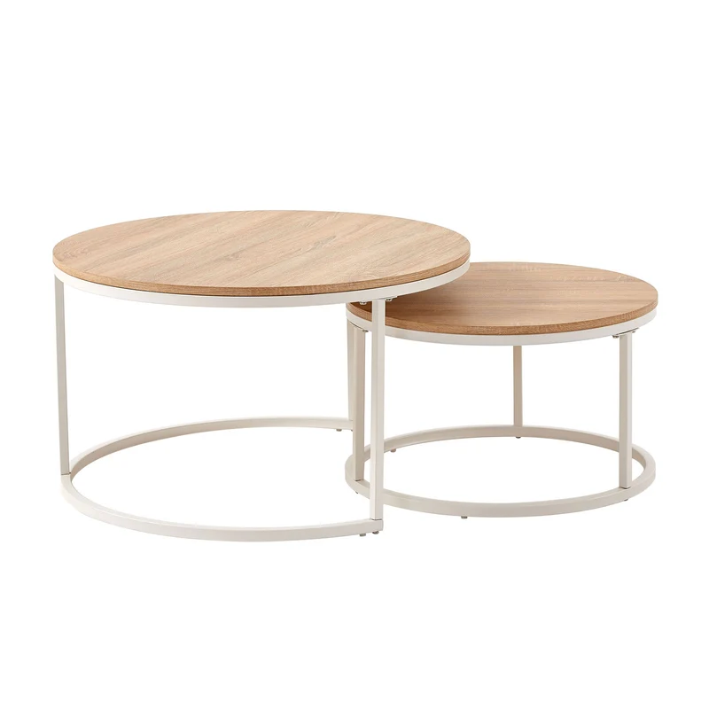 Table Basse en Chêne Clair Table de Salon 2 pcs Φ80 * 45cm / Φ60 * 35cm - Blanc-CARB