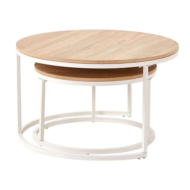 Table Basse en Chêne Clair Table de Salon 2 pcs Φ80 * 45cm / Φ60 * 35cm - Blanc-CARB