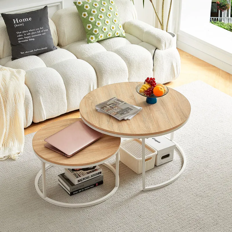 Table Basse en Chêne Clair Table de Salon 2 pcs Φ80 * 45cm / Φ60 * 35cm - Blanc-CARB