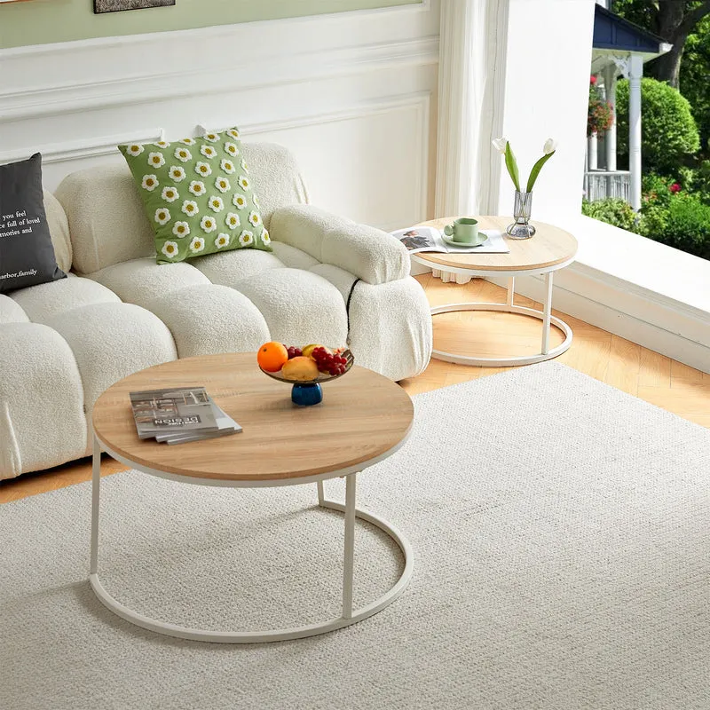 Table Basse en Chêne Clair Table de Salon 2 pcs Φ80 * 45cm / Φ60 * 35cm - Blanc-CARB