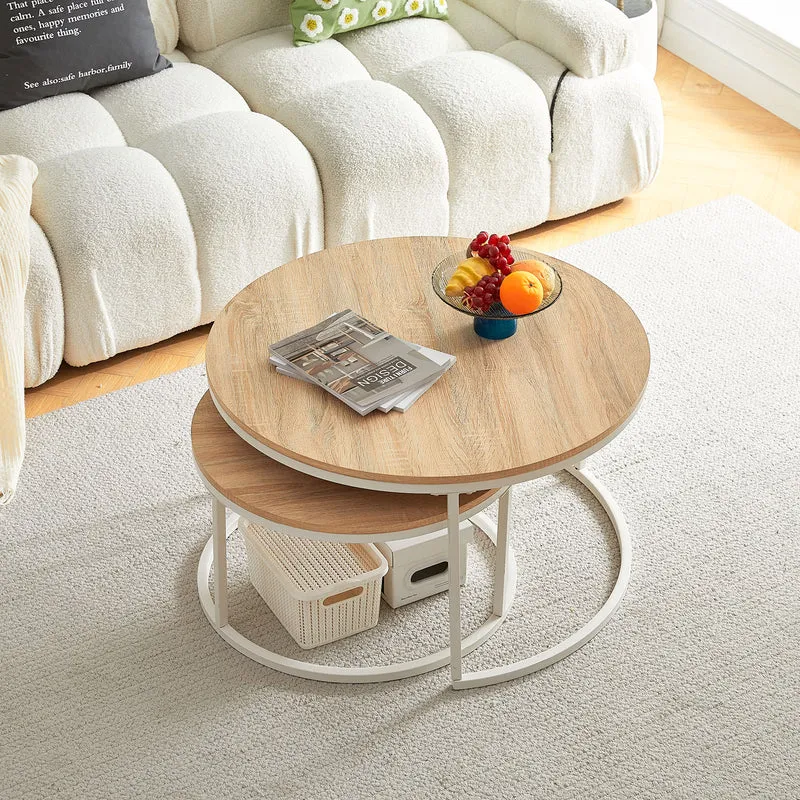 Table Basse en Chêne Clair Table de Salon 2 pcs Φ80 * 45cm / Φ60 * 35cm - Blanc-CARB