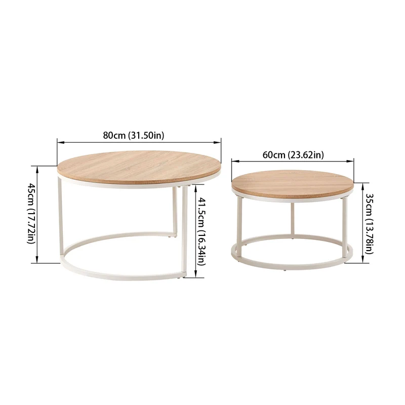 Table Basse en Chêne Clair Table de Salon 2 pcs Φ80 * 45cm / Φ60 * 35cm - Blanc-CARB