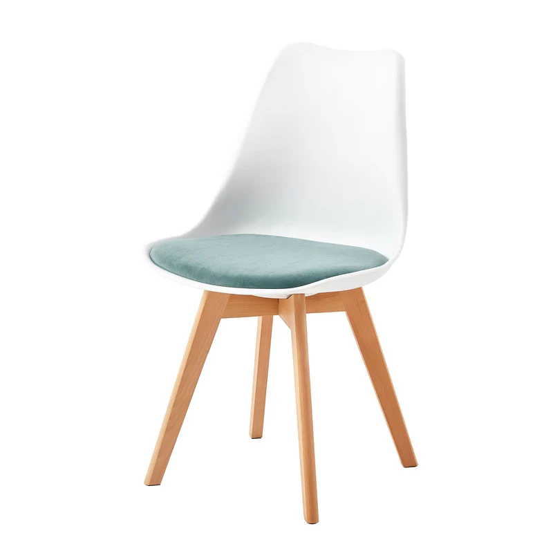 Chaise de salle à manger TULIP PP avec piètement en hêtre - blanche avec coussins d'assise multicolores