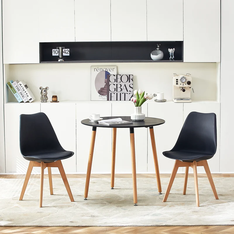PEA Table à Manger Ronde en MDF avec 4 Pieds en Hêtre 80 * 80 * 73 cm - Noir/Blanc