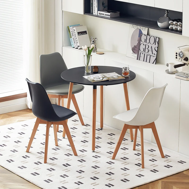 PEA Table à Manger Ronde en MDF avec 4 Pieds en Hêtre 80 * 80 * 73 cm - Noir/Blanc